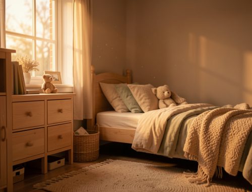Chambre d’enfant chaleureuse aux tons naturels : bois clair, textiles doux et lumière tamisée créant une ambiance cocooning.