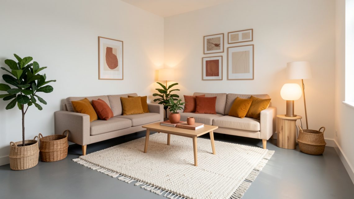 Salon d’appartement en location aux murs blancs et au sol gris, réchauffé par des coussins ocre, un tapis crème, des meubles en bois clair, des paniers tressés, des plantes et des lampes chaleureuses.