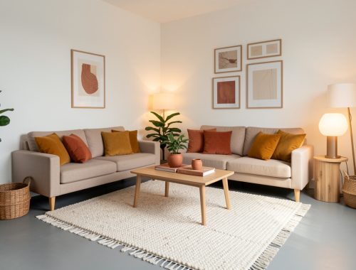 Salon d’appartement en location aux murs blancs et au sol gris, réchauffé par des coussins ocre, un tapis crème, des meubles en bois clair, des paniers tressés, des plantes et des lampes chaleureuses.