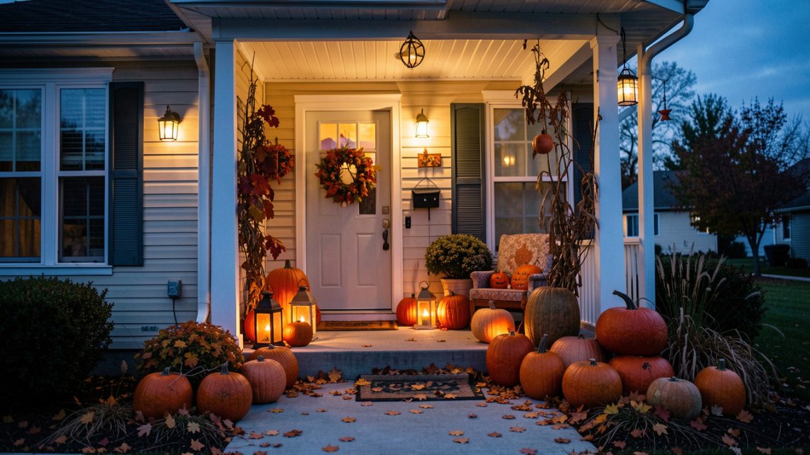 Porche chaleureux d'une maison claire décoré pour Halloween avec des citrouilles de différentes tailles, des lanternes lumineuses et des feuillages d'automne au crépuscule.
