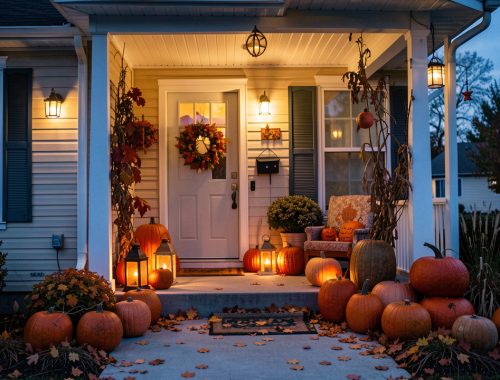 Porche chaleureux d'une maison claire décoré pour Halloween avec des citrouilles de différentes tailles, des lanternes lumineuses et des feuillages d'automne au crépuscule.