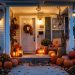 Porche chaleureux d'une maison claire décoré pour Halloween avec des citrouilles de différentes tailles, des lanternes lumineuses et des feuillages d'automne au crépuscule.