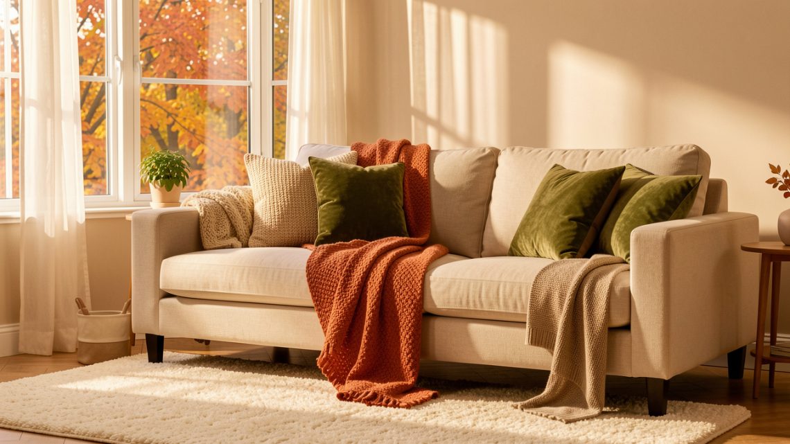 Salon lumineux aux couleurs d’automne avec canapé beige, plaid terracotta, coussins vert mousse, tapis en laine écrue et douce lumière ambrée.