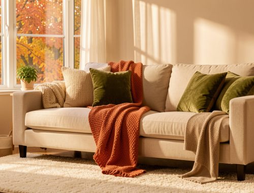 Salon lumineux aux couleurs d’automne avec canapé beige, plaid terracotta, coussins vert mousse, tapis en laine écrue et douce lumière ambrée.