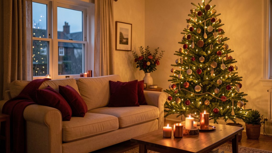 Salon chaleureux décoré pour Noël avec un sapin, un canapé beige, des coussins bordeaux et des bougies cuivrées dans la lumière douce du soir.