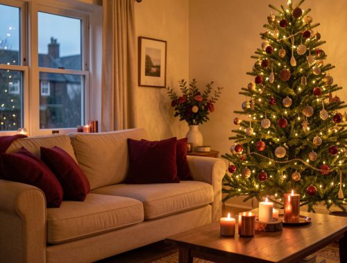 Salon chaleureux décoré pour Noël avec un sapin, un canapé beige, des coussins bordeaux et des bougies cuivrées dans la lumière douce du soir.