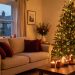 Salon chaleureux décoré pour Noël avec un sapin, un canapé beige, des coussins bordeaux et des bougies cuivrées dans la lumière douce du soir.