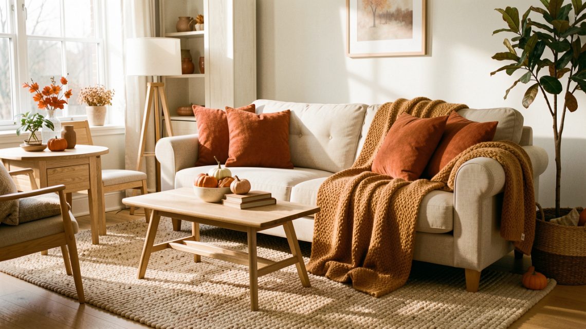 Salon lumineux et chaleureux en automne avec canapé beige, plaids camel, coussins terracotta, tapis épais et mobilier en bois clair baigné par une douce lumière de fin de journée.