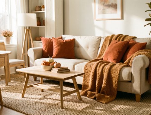 Salon lumineux et chaleureux en automne avec canapé beige, plaids camel, coussins terracotta, tapis épais et mobilier en bois clair baigné par une douce lumière de fin de journée.