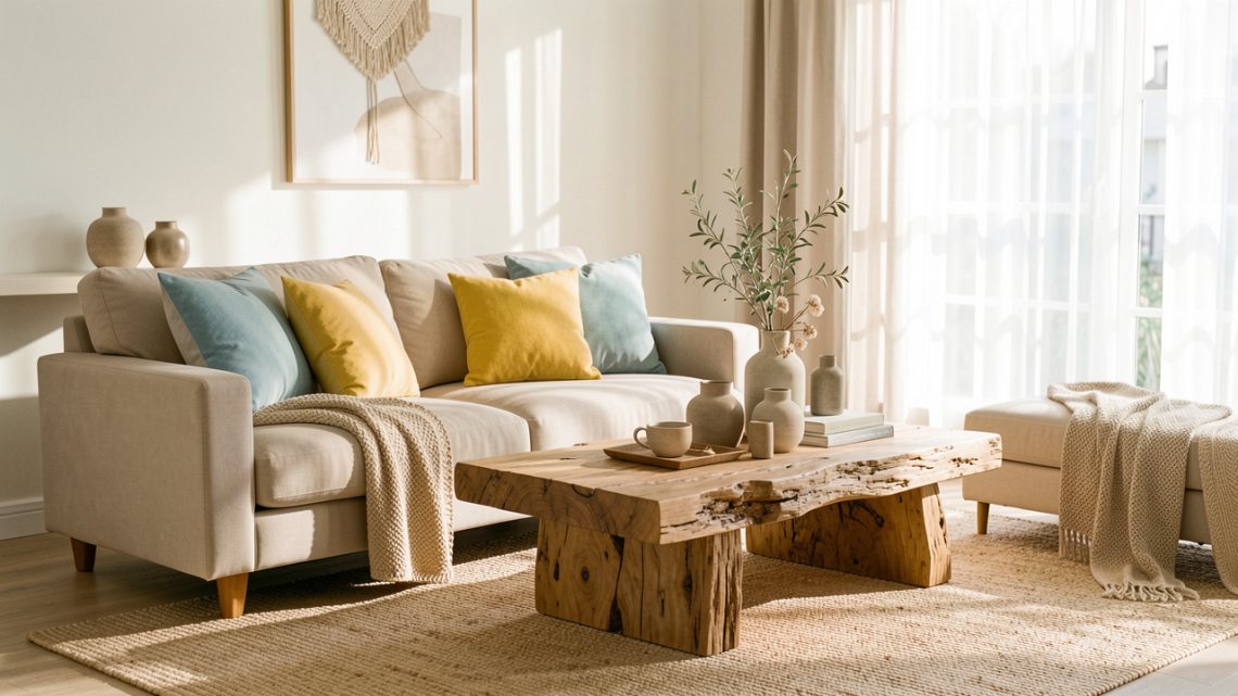 Salon contemporain lumineux avec un canapé beige, des coussins bleu glacier et jaune beurre, ainsi qu’une table basse en bois texturé.