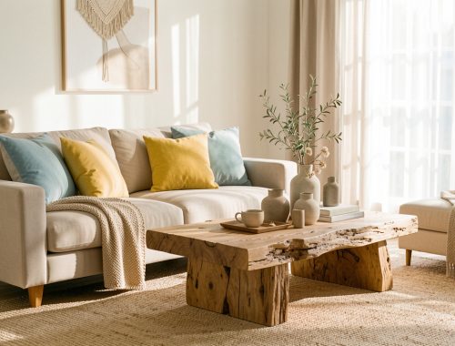 Salon contemporain lumineux avec un canapé beige, des coussins bleu glacier et jaune beurre, ainsi qu’une table basse en bois texturé.