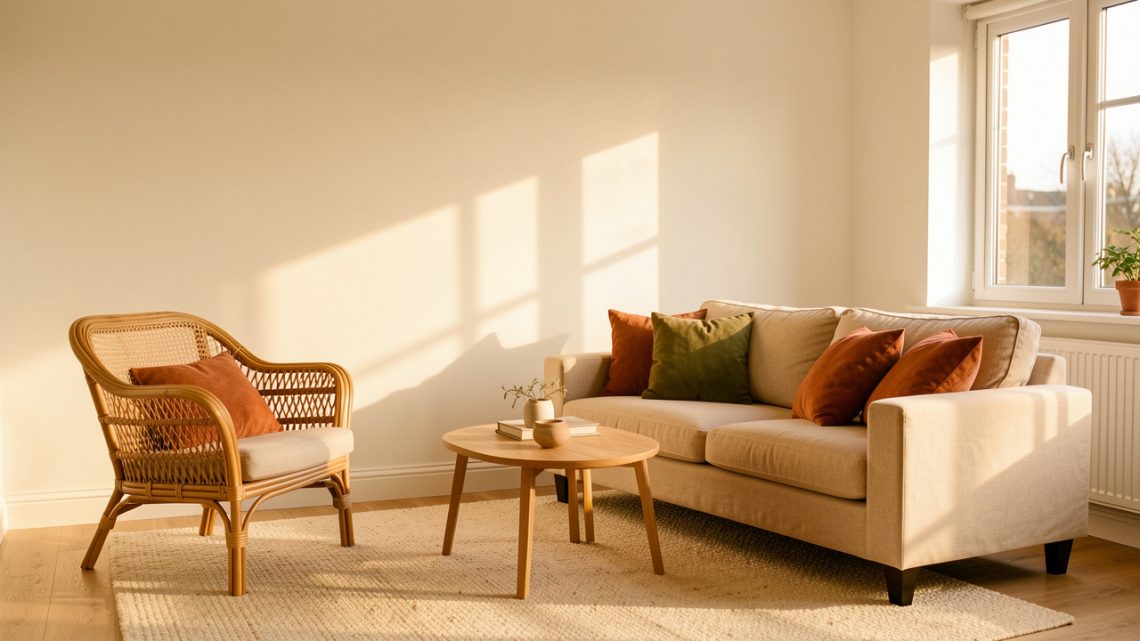 Salon lumineux aux murs blanc cassé, avec un fauteuil en rotin, un canapé en lin beige, des coussins terracotta et vert olive, un tapis en laine écru et une douce lumière d’automne.
