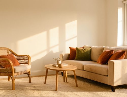 Salon lumineux aux murs blanc cassé, avec un fauteuil en rotin, un canapé en lin beige, des coussins terracotta et vert olive, un tapis en laine écru et une douce lumière d’automne.