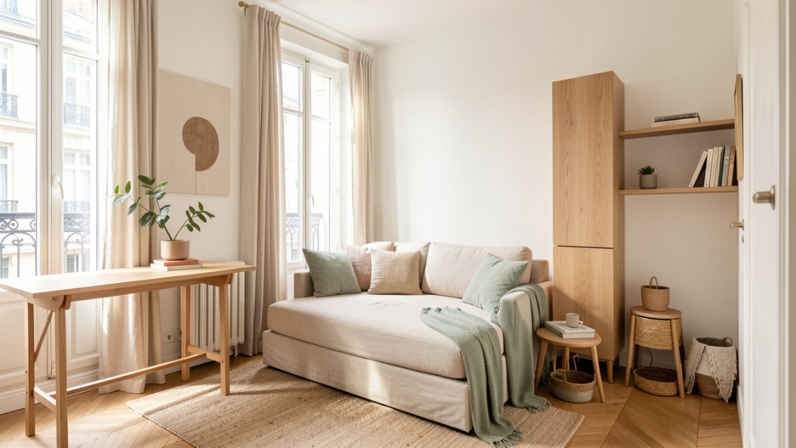 Petit studio parisien lumineux de 18 m² avec canapé-lit beige, table murale rabattable en chêne clair, rangements verticaux et décoration scandinave élégante.