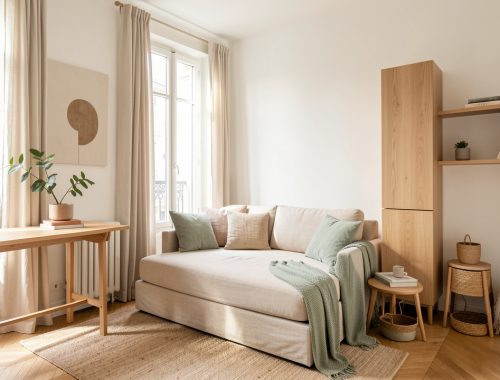 Petit studio parisien lumineux de 18 m² avec canapé-lit beige, table murale rabattable en chêne clair, rangements verticaux et décoration scandinave élégante.