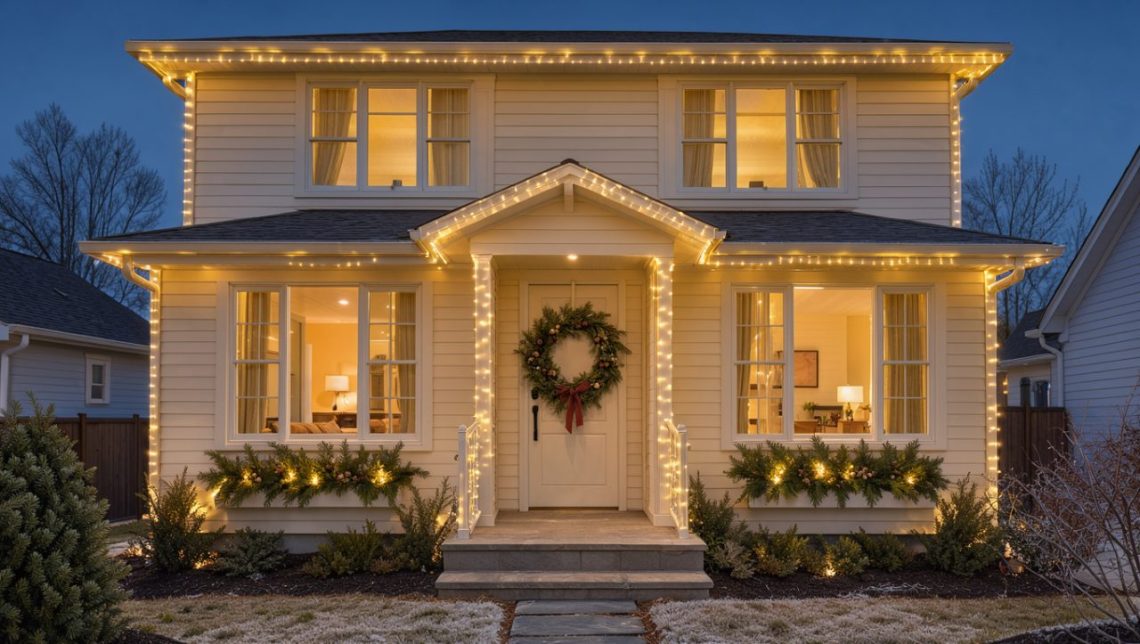Façade d’une maison chaleureusement décorée pour Noël, avec guirlandes LED blanc chaud, couronne végétale et jardinières illuminées au crépuscule.