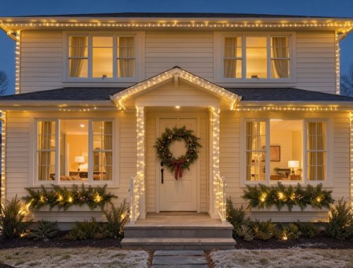 Façade d’une maison chaleureusement décorée pour Noël, avec guirlandes LED blanc chaud, couronne végétale et jardinières illuminées au crépuscule.