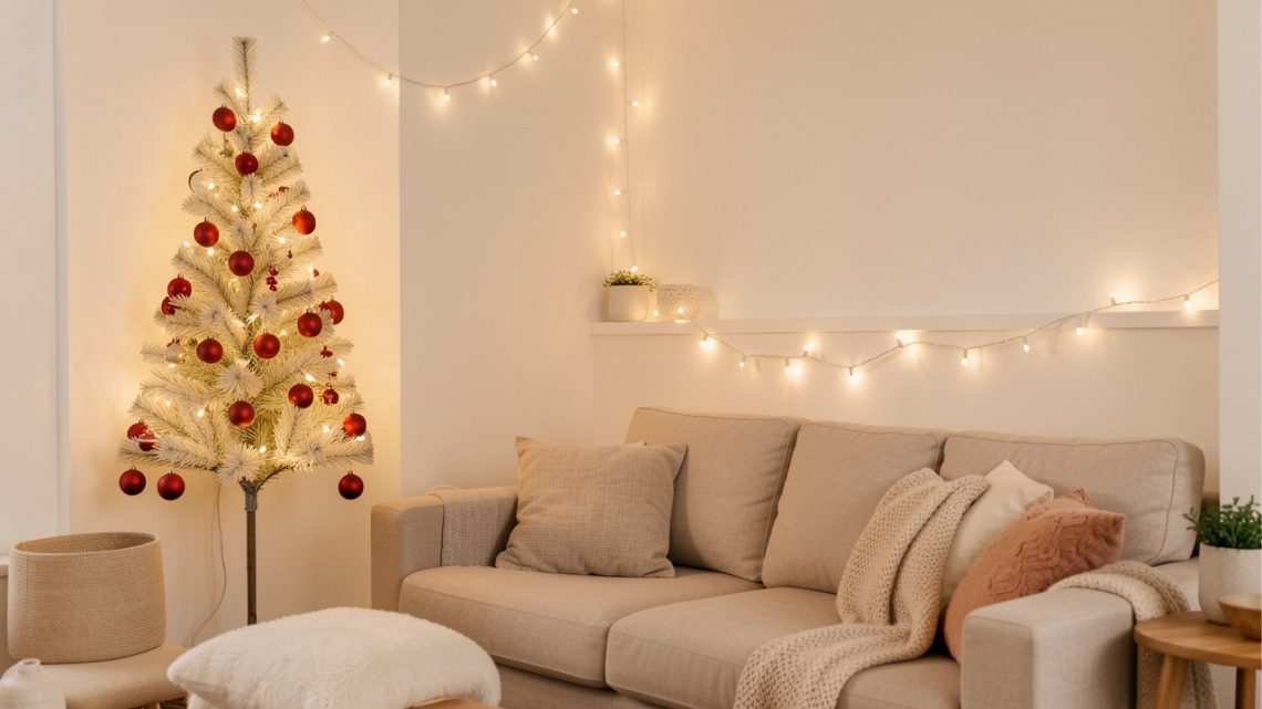 Petit salon lumineux décoré pour Noël avec un sapin mural pliable en pin clair, un canapé beige, une guirlande lumineuse chaude et des boules rouges mates.