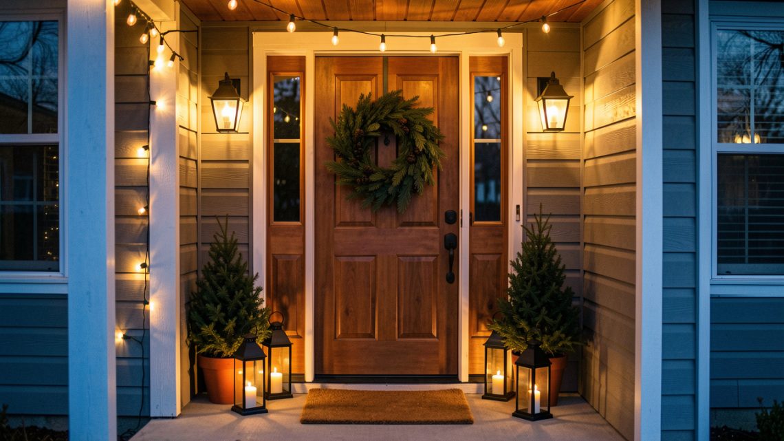 Porche de maison décoré pour Noël au crépuscule, avec une porte en bois ornée d’une couronne de sapin, des lanternes noires, deux petits sapins en pot et des guirlandes lumineuses chaleureuses.