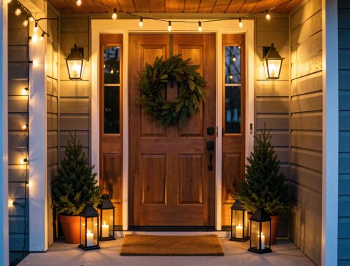 Porche de maison décoré pour Noël au crépuscule, avec une porte en bois ornée d’une couronne de sapin, des lanternes noires, deux petits sapins en pot et des guirlandes lumineuses chaleureuses.