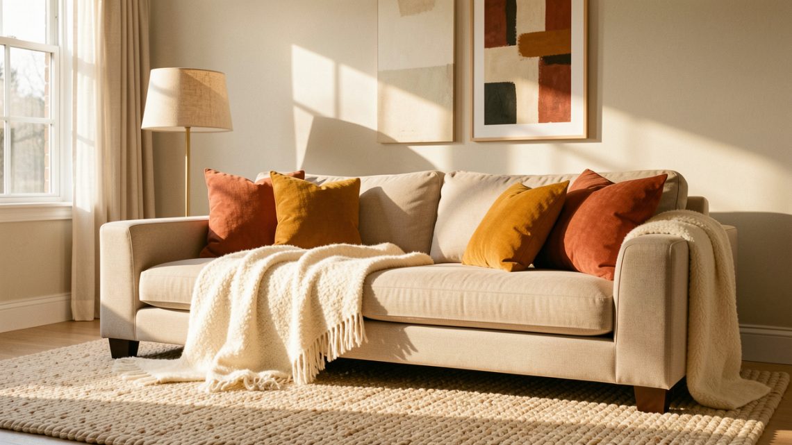 Salon lumineux aux couleurs d’automne avec canapé beige, plaid en laine écrue, coussins terracotta et ocre, tapis épais et lampadaire à abat-jour en tissu.