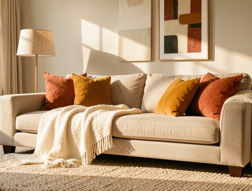 Salon lumineux aux couleurs d’automne avec canapé beige, plaid en laine écrue, coussins terracotta et ocre, tapis épais et lampadaire à abat-jour en tissu.
