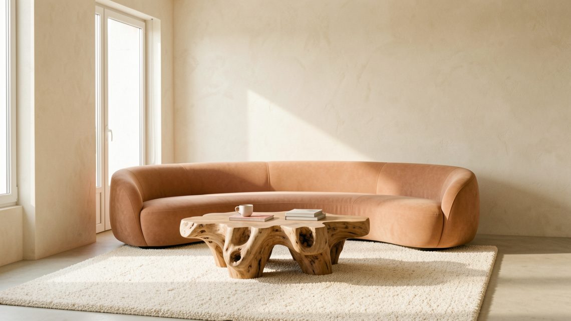 Salon lumineux aux murs ivoire, avec un canapé arrondi couleur argile, une table basse organique en bois et un tapis bouclé baignés de lumière naturelle.