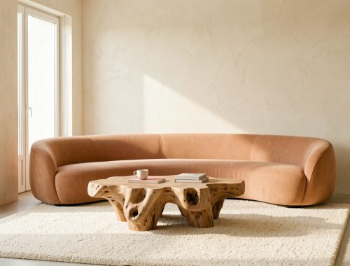 Salon lumineux aux murs ivoire, avec un canapé arrondi couleur argile, une table basse organique en bois et un tapis bouclé baignés de lumière naturelle.